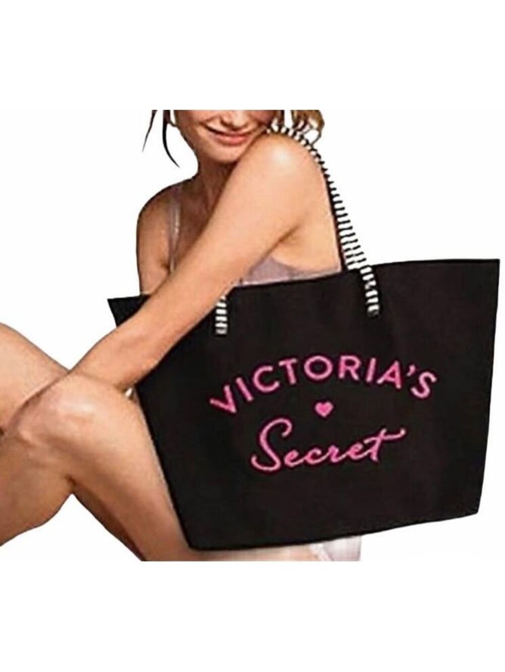 Victoria's Secret Black Canvas Tote Bag with Pink Logo and Striped Handles